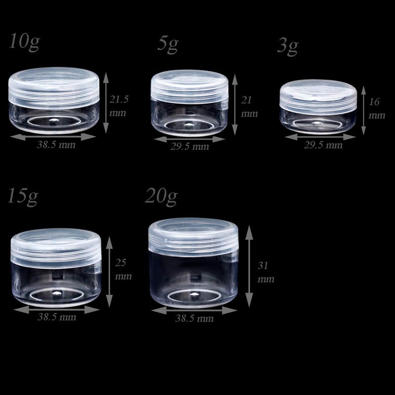 ZEJIA 10pcs Small Travel Containers, Clear Sample Containers with Screw Lids, 5 Size 3/5/10/15/20 Gram Sample Jars with 12pcs Labels and 2pcs Mini Disposable Spatula, Makeup Sample Containers BPA Free - Image 2